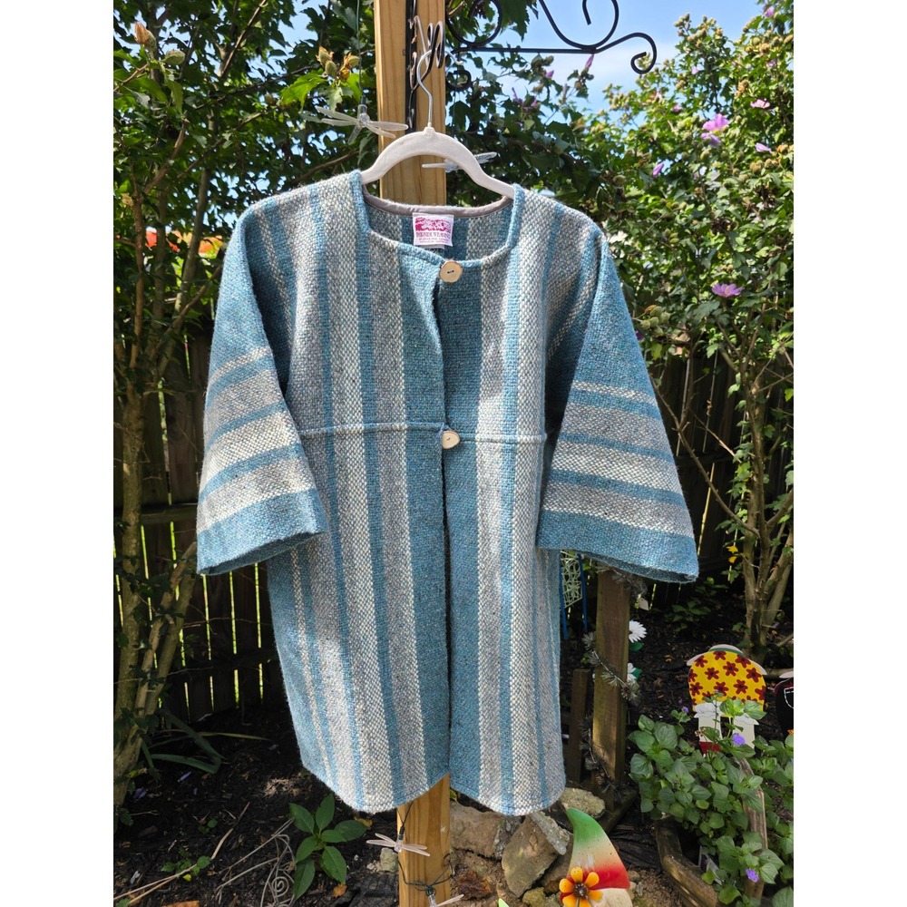 Vintage Bogside Weaving Handwoven Wool Jacket Blue Stripe Canadian Folk Art Med